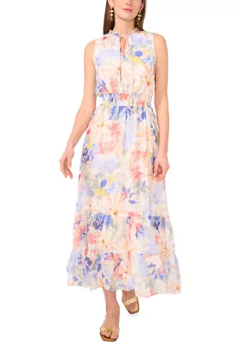 Petite Tie Neck Smocked Waist Maxi Dress