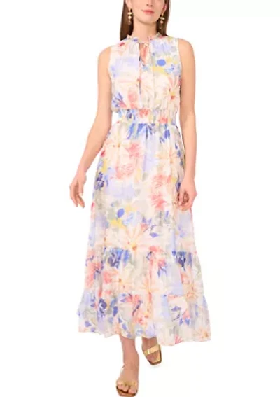 Petite Tie Neck Smocked Waist Maxi Dress