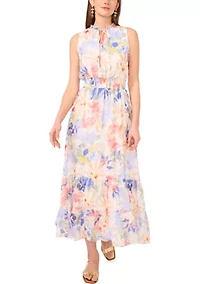 Petite Tie Neck Smocked Waist Maxi Dress