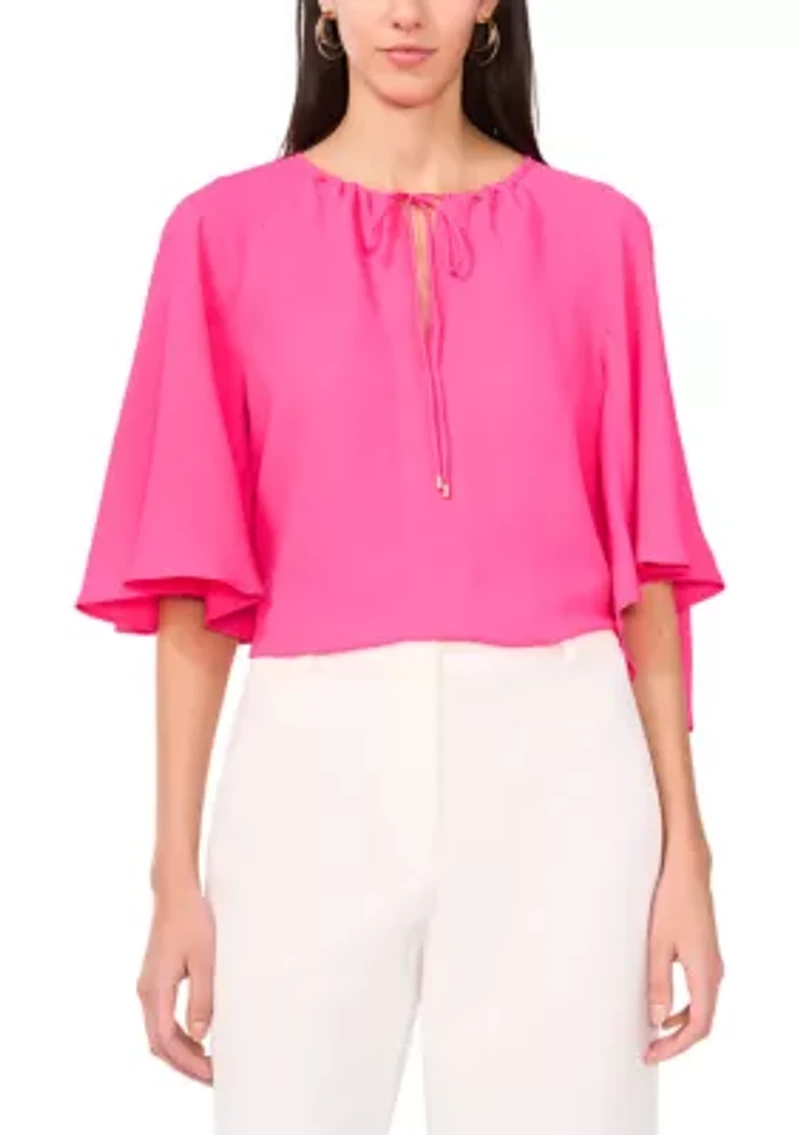 Petite Flutter Sleeve Tie Neck Top