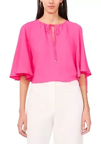 Petite Flutter Sleeve Tie Neck Top