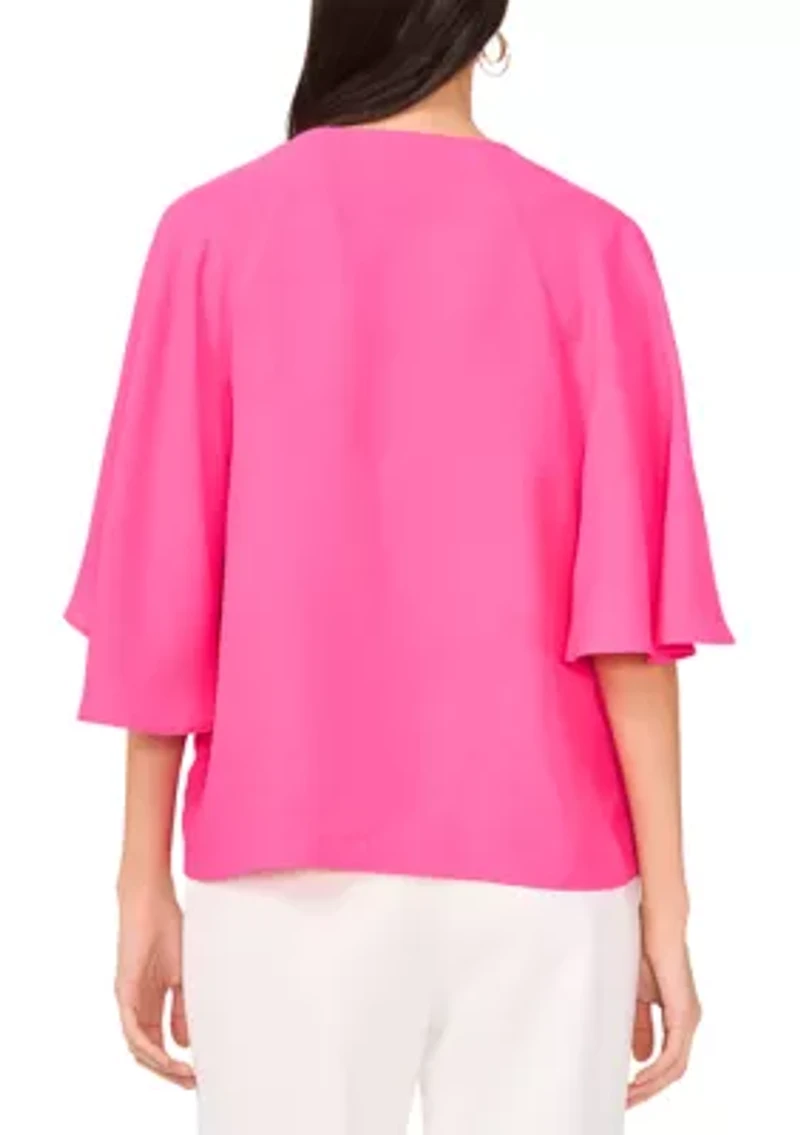 Petite Flutter Sleeve Tie Neck Top