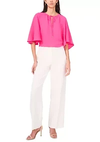 Petite Flutter Sleeve Tie Neck Top