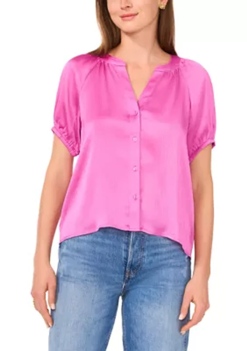 Petite Button Up Blouse with Pleated Sleeves