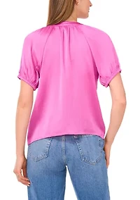 Petite Button Up Blouse with Pleated Sleeves