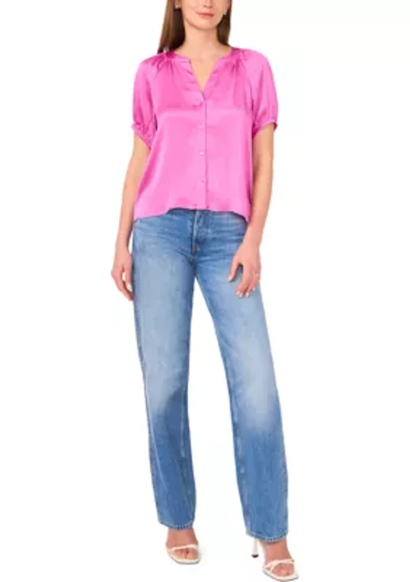 Petite Button Up Blouse with Pleated Sleeves