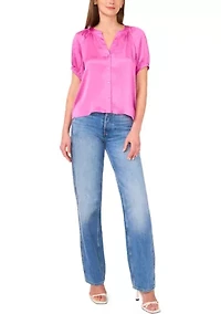 Petite Button Up Blouse with Pleated Sleeves