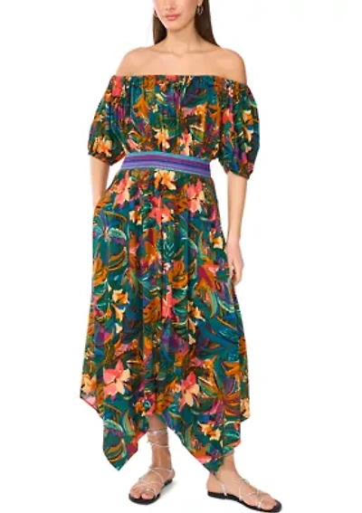 Petite Off the Shoulder Puff Sleeve Printed Midi Dress with Elastic Waistband