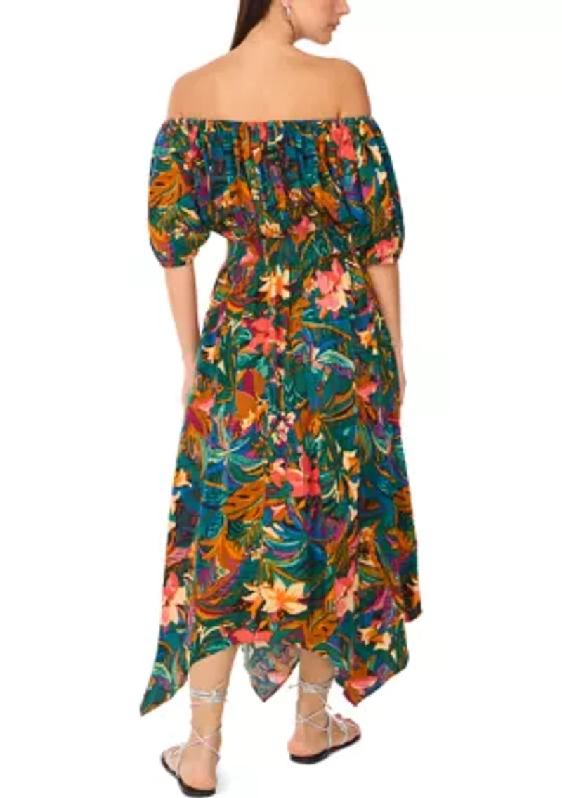 Petite Off the Shoulder Puff Sleeve Printed Midi Dress with Elastic Waistband