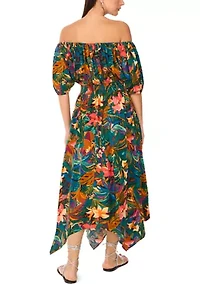 Petite Off the Shoulder Puff Sleeve Printed Midi Dress with Elastic Waistband
