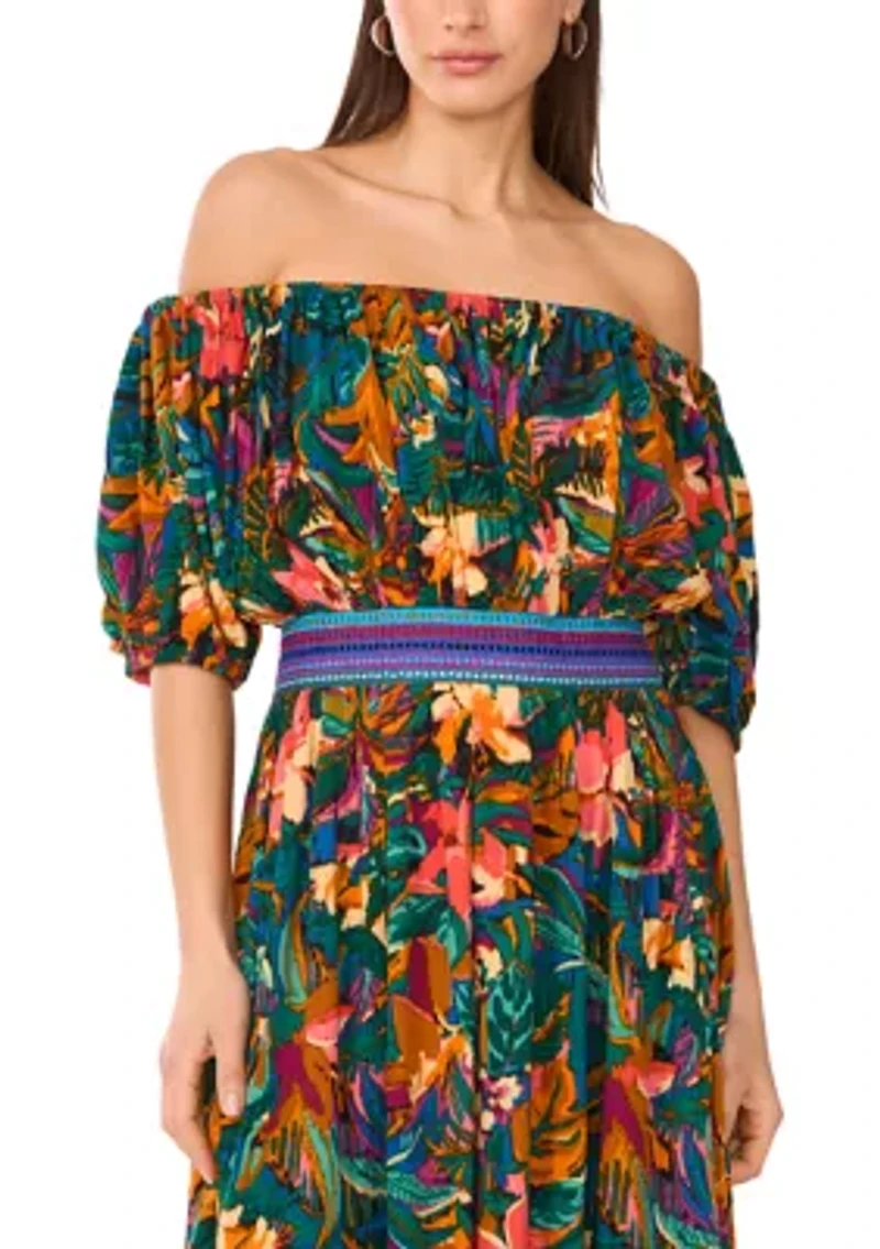 Petite Off the Shoulder Puff Sleeve Printed Midi Dress with Elastic Waistband