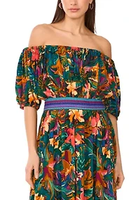 Petite Off the Shoulder Puff Sleeve Printed Midi Dress with Elastic Waistband