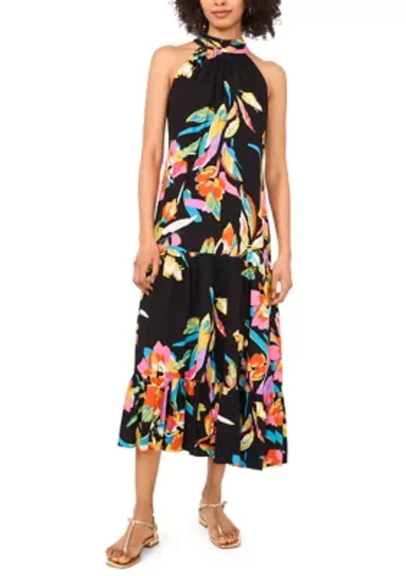 Petite Sleeveless Printed Halter Dress