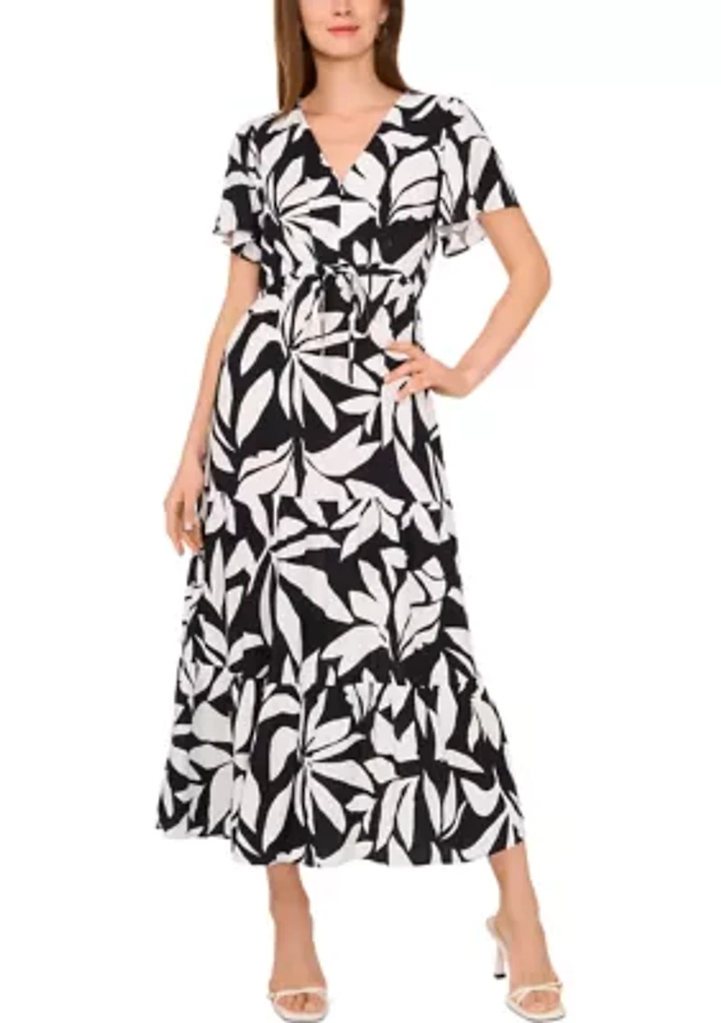 Petite Flutter Sleeve Tie Waist Dress