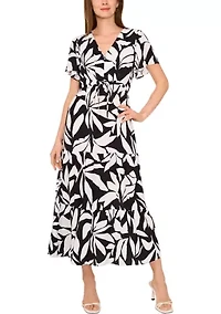 Petite Flutter Sleeve Tie Waist Dress