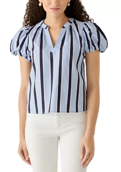 Petite Short Bubble Sleeve Split Neck Shirt