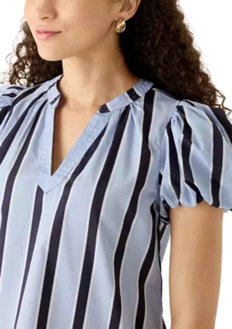 Petite Short Bubble Sleeve Split Neck Shirt