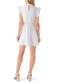 Petite Ruffle Sleeve Geo Lace Rumple Base Cloth Dress