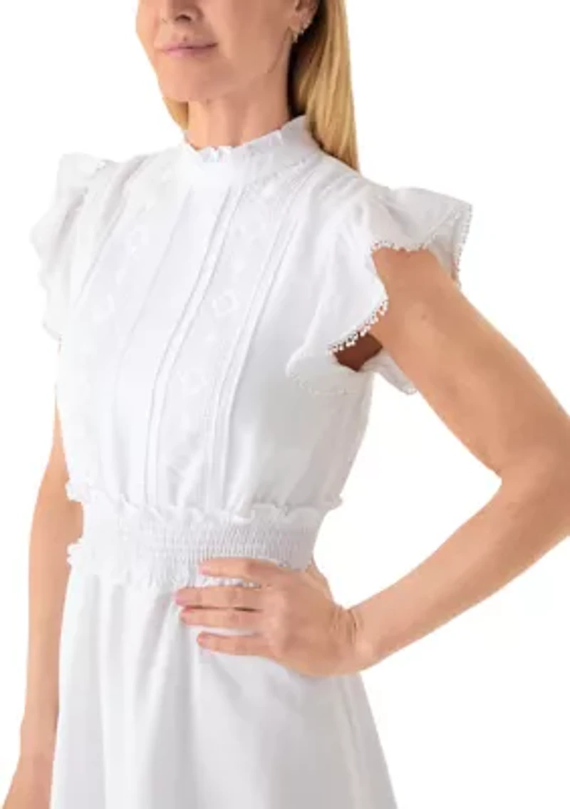Petite Ruffle Sleeve Geo Lace Rumple Base Cloth Dress