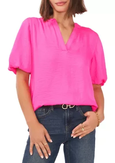 Petite Puff Sleeve Blouse with V-Neck