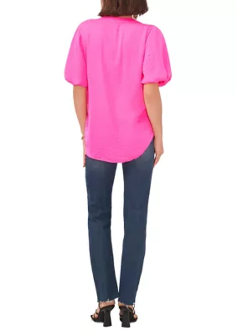 Petite Puff Sleeve Blouse with V-Neck