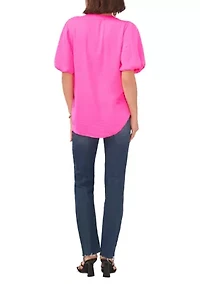Petite Puff Sleeve Blouse with V-Neck