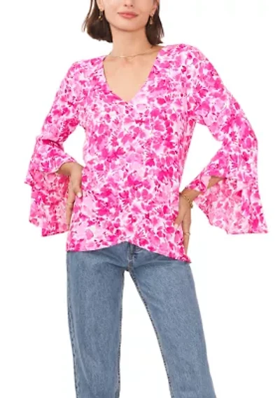 Petite Long Sleeve V-Neck Blouse with Overlapping Front