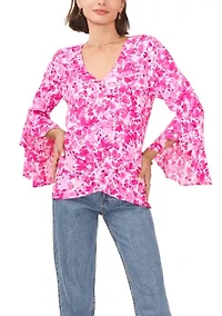 Petite Long Sleeve V-Neck Blouse with Overlapping Front