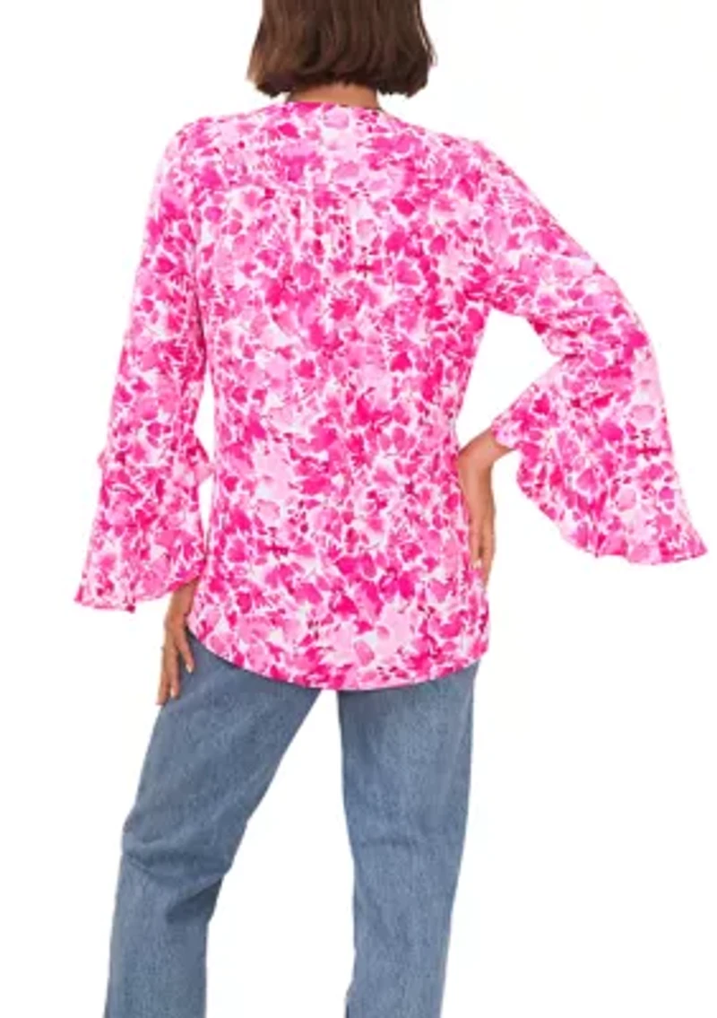 Petite Long Sleeve V-Neck Blouse with Overlapping Front