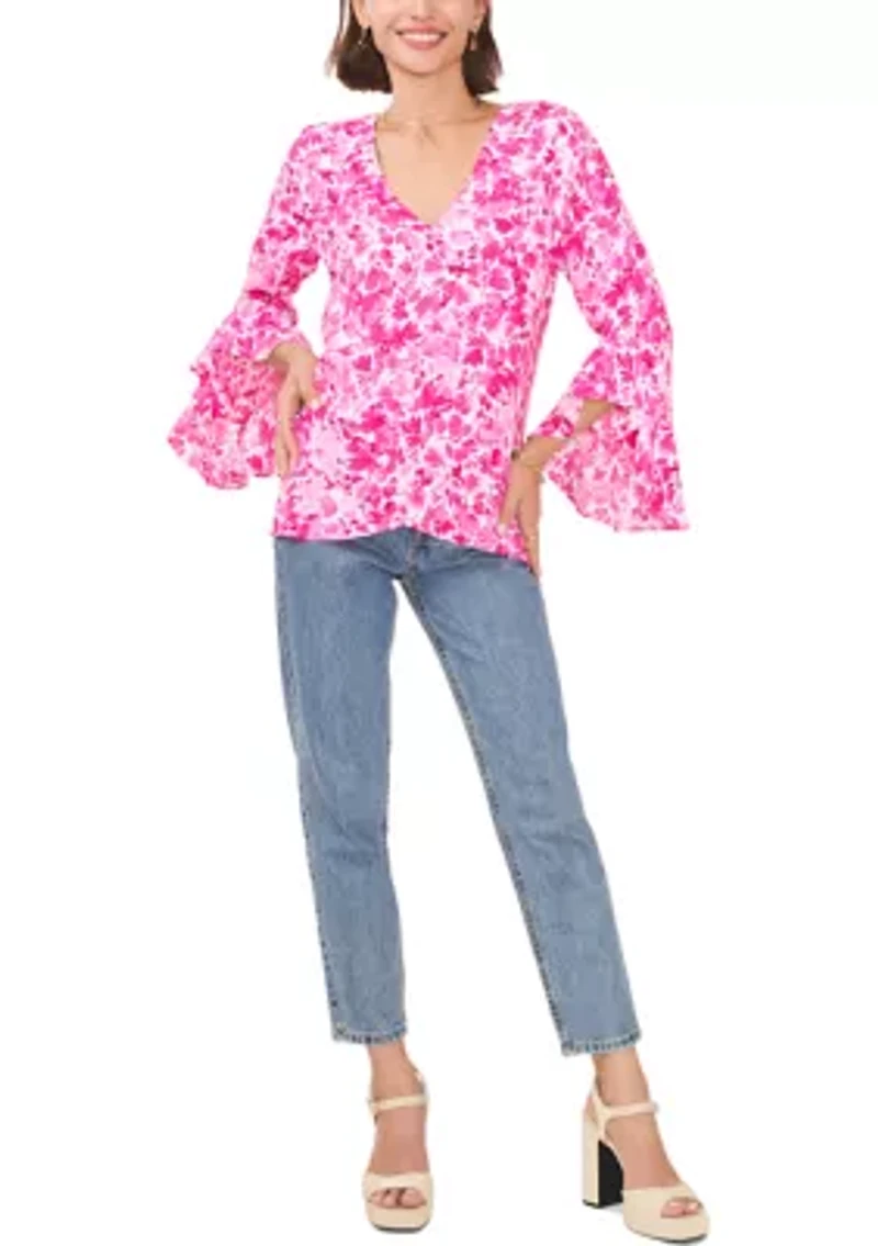 Petite Long Sleeve V-Neck Blouse with Overlapping Front