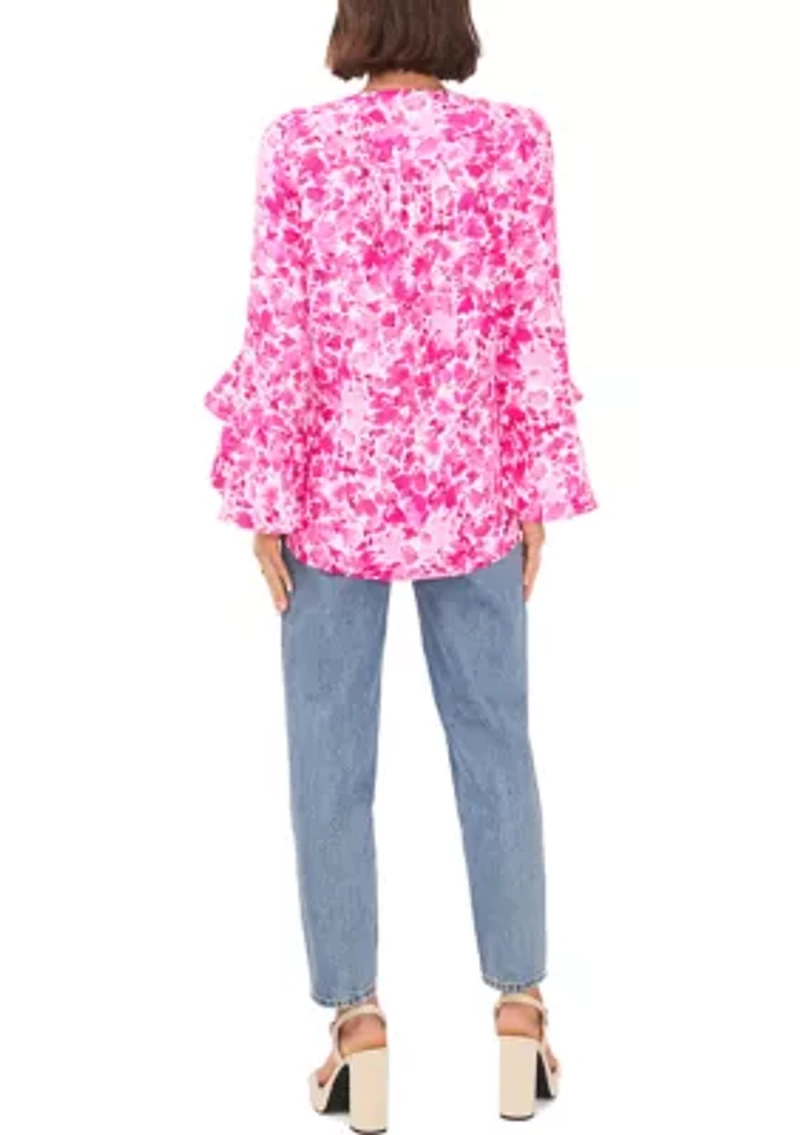 Petite Long Sleeve V-Neck Blouse with Overlapping Front
