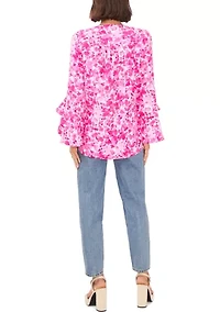 Petite Long Sleeve V-Neck Blouse with Overlapping Front