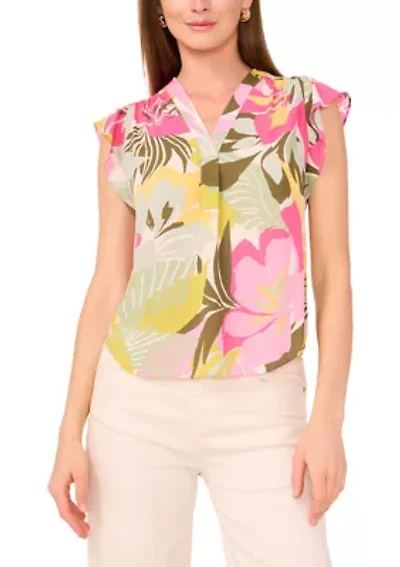 Petite V-Neck Flutter Sleeve Blouse