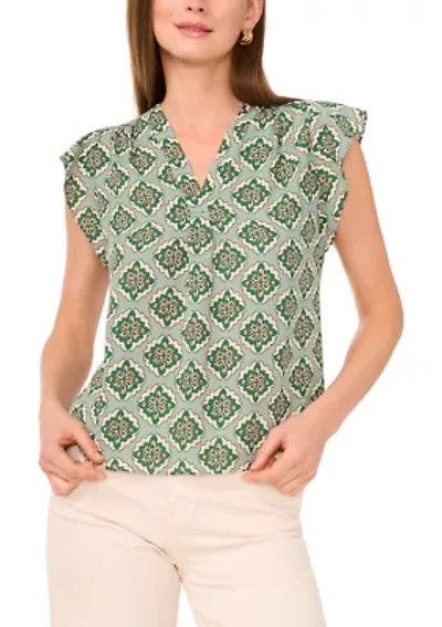 Petite Flutter Sleeve V-Neck Printed Blouse