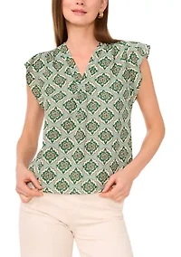 Petite Flutter Sleeve V-Neck Printed Blouse