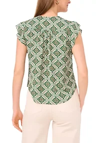 Petite Flutter Sleeve V-Neck Printed Blouse