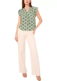 Petite Flutter Sleeve V-Neck Printed Blouse
