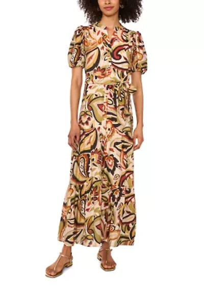 Petite Puff Sleeve Button Down Maxi Dress