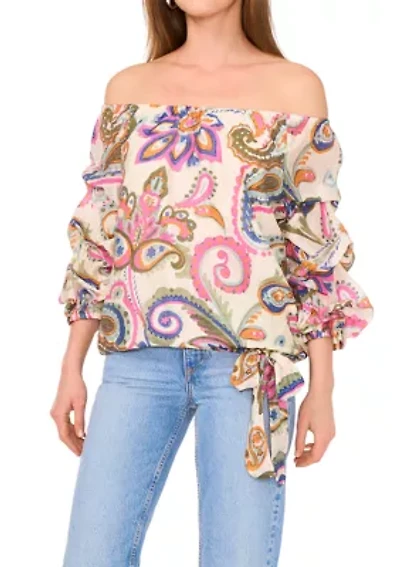 Petite Off the Shoulder Puff Sleeve Printed Top