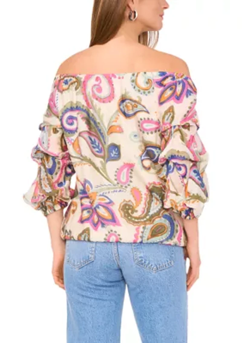Petite Off the Shoulder Puff Sleeve Printed Top