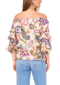 Petite Off the Shoulder Puff Sleeve Printed Top