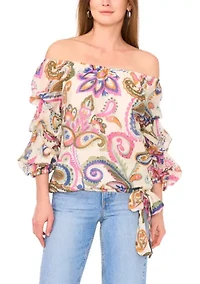 Petite Off the Shoulder Puff Sleeve Printed Top
