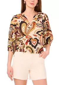 Petite Printed Split Neck Blouse