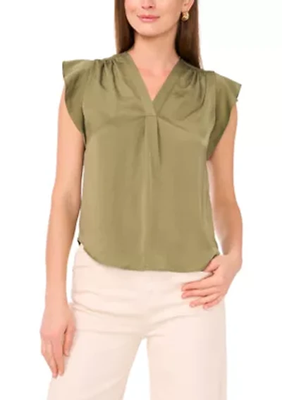 Petite Flutter Sleeve Printed Blouse