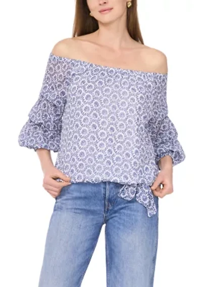 Petite Puff Sleeve Printed Off the Shoulder Top