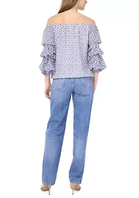 Petite Puff Sleeve Printed Off the Shoulder Top