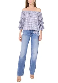 Petite Puff Sleeve Printed Off the Shoulder Top
