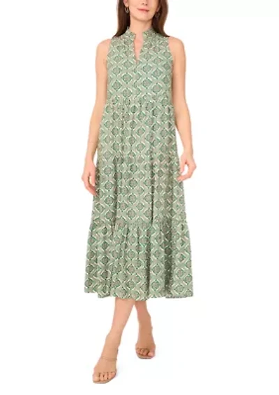 Petite Sleeveless Printed Split Neck Dress