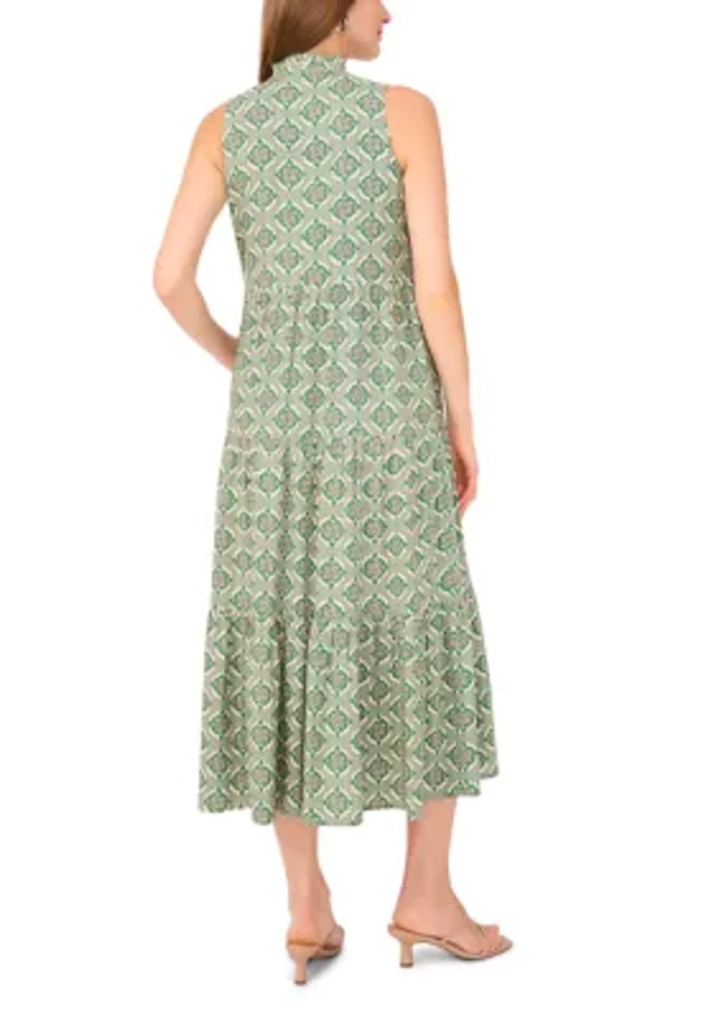 Petite Sleeveless Printed Split Neck Dress