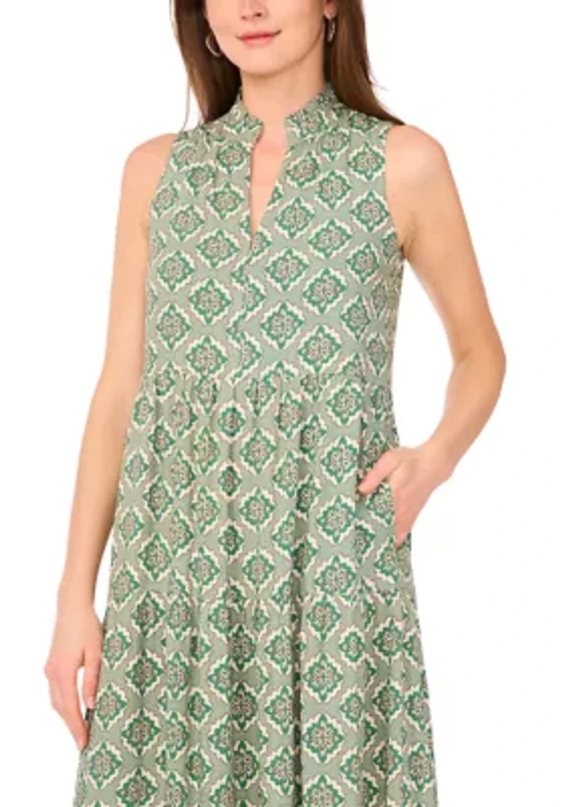 Petite Sleeveless Printed Split Neck Dress